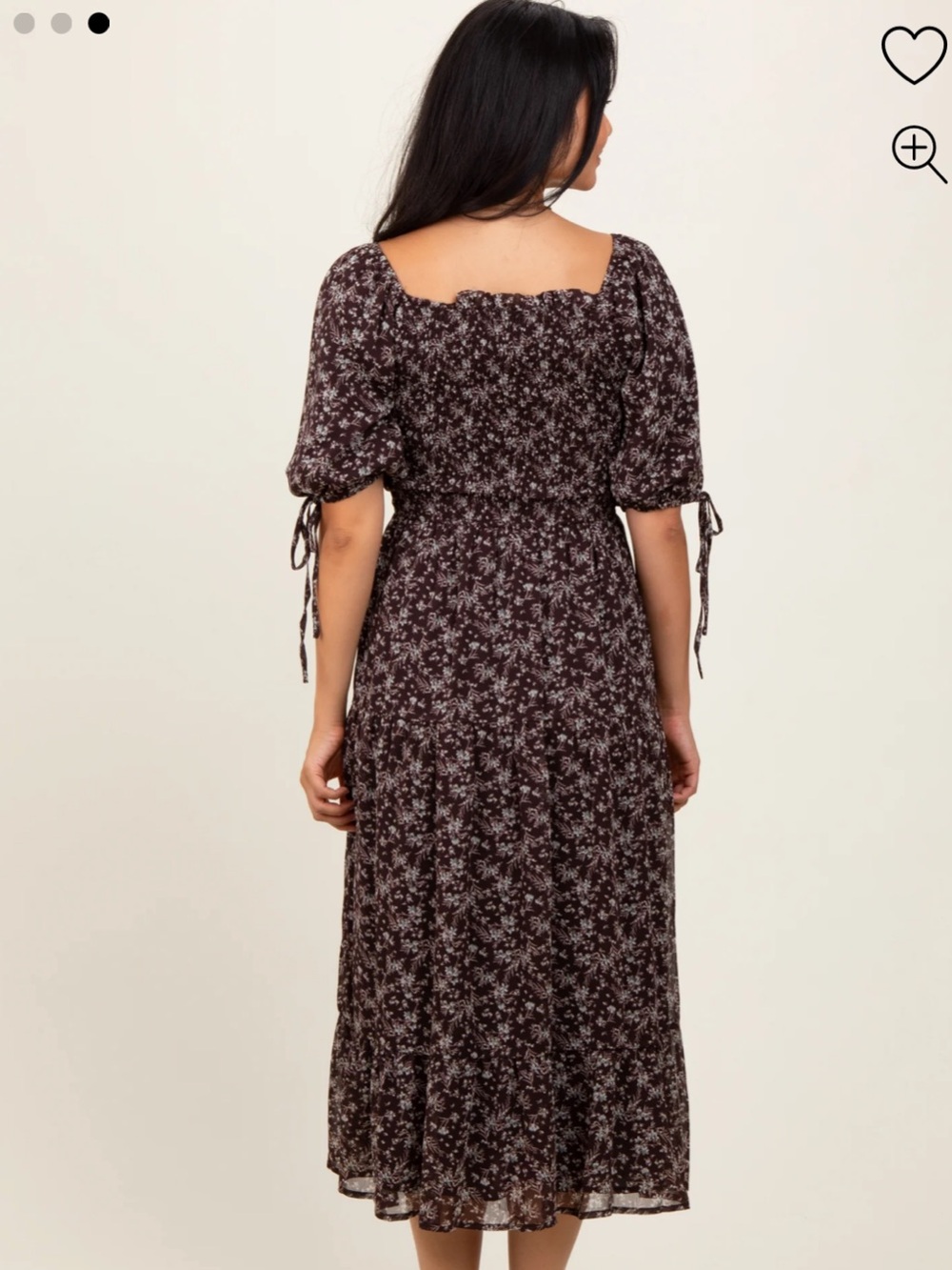 Pinkblush Dark Brown Floral Smocked Sleeve Tie Midi Dress - Picture 3 of 3
